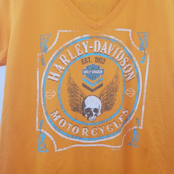Harley-Davidson Tangerine Orange V Neck Cherokee NC Skull Graphic Tee Shirt - Picture 2 of 7